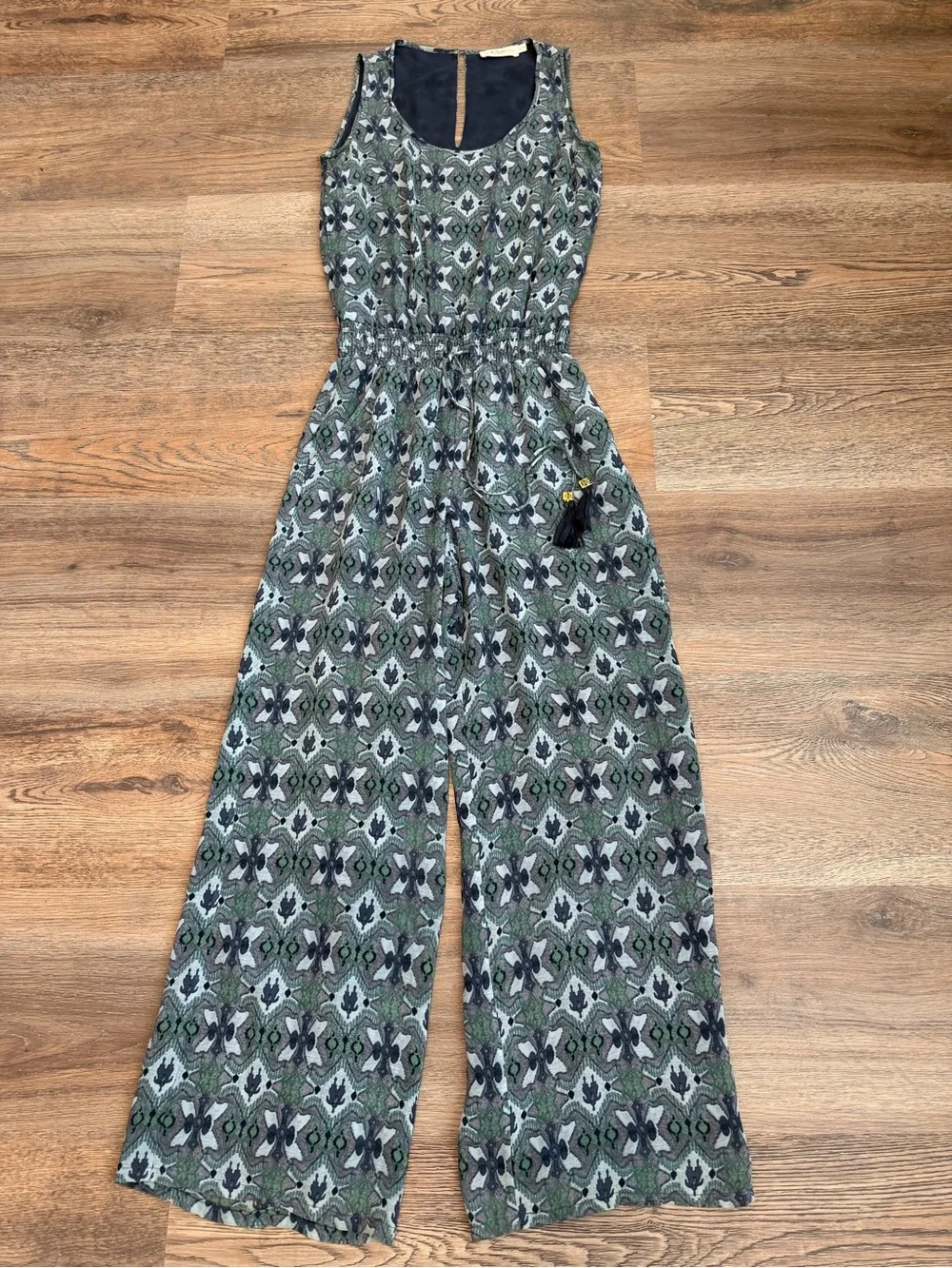 Tory Burch Laguna Silk Blouson Jumpsuit Bedford Gray Bukhara Ikat Print Size XS
